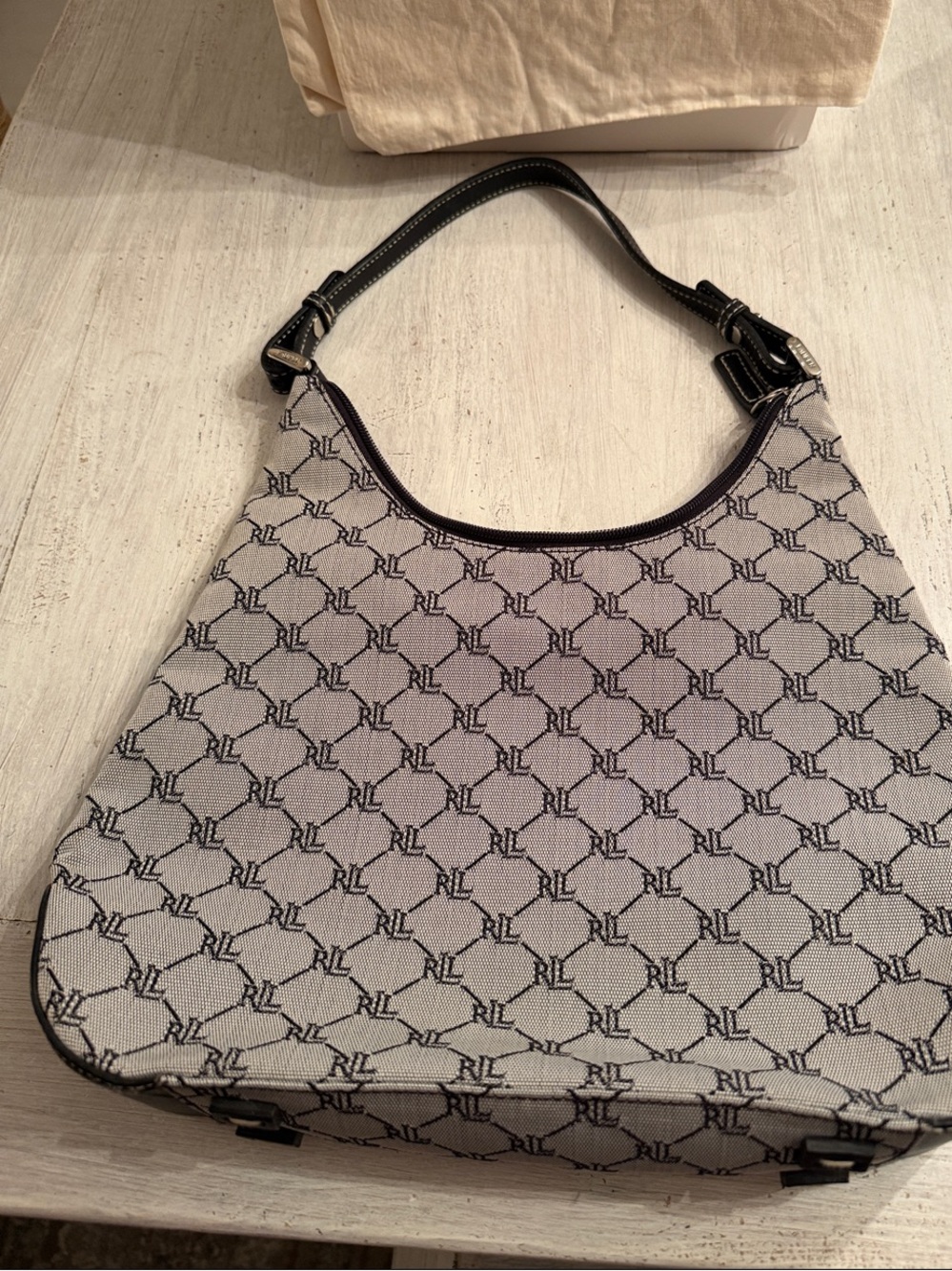 Ralph Lauren Gray and Black RL Monogram Shoulder Bag